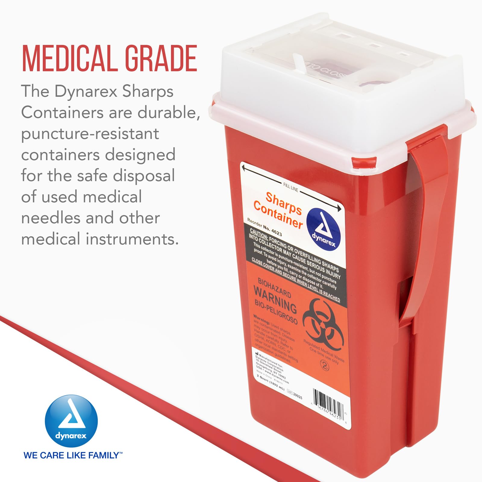 Dynarex 4623 Sharp Container, Provides a Safe Disposal of Medical Waste and Needles, Non-Sterile & Latex-Free, 2 Quarts, Made wi