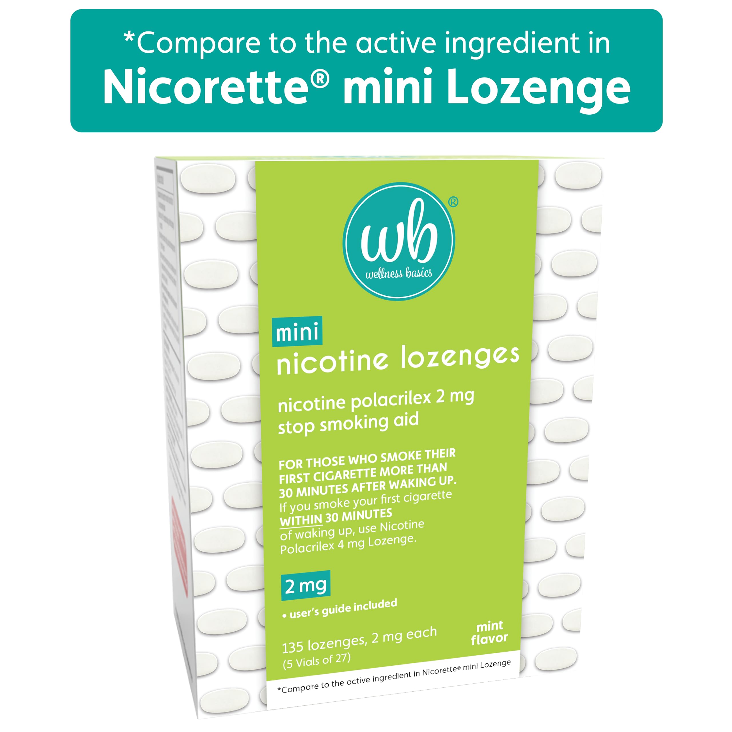 Wellness Basics - Mini Nicotine Lozenge (2mg - 135 Count) Stop Smoking Aid - Reduces Withdrawal Symptoms - Mint Flavor (Pack of