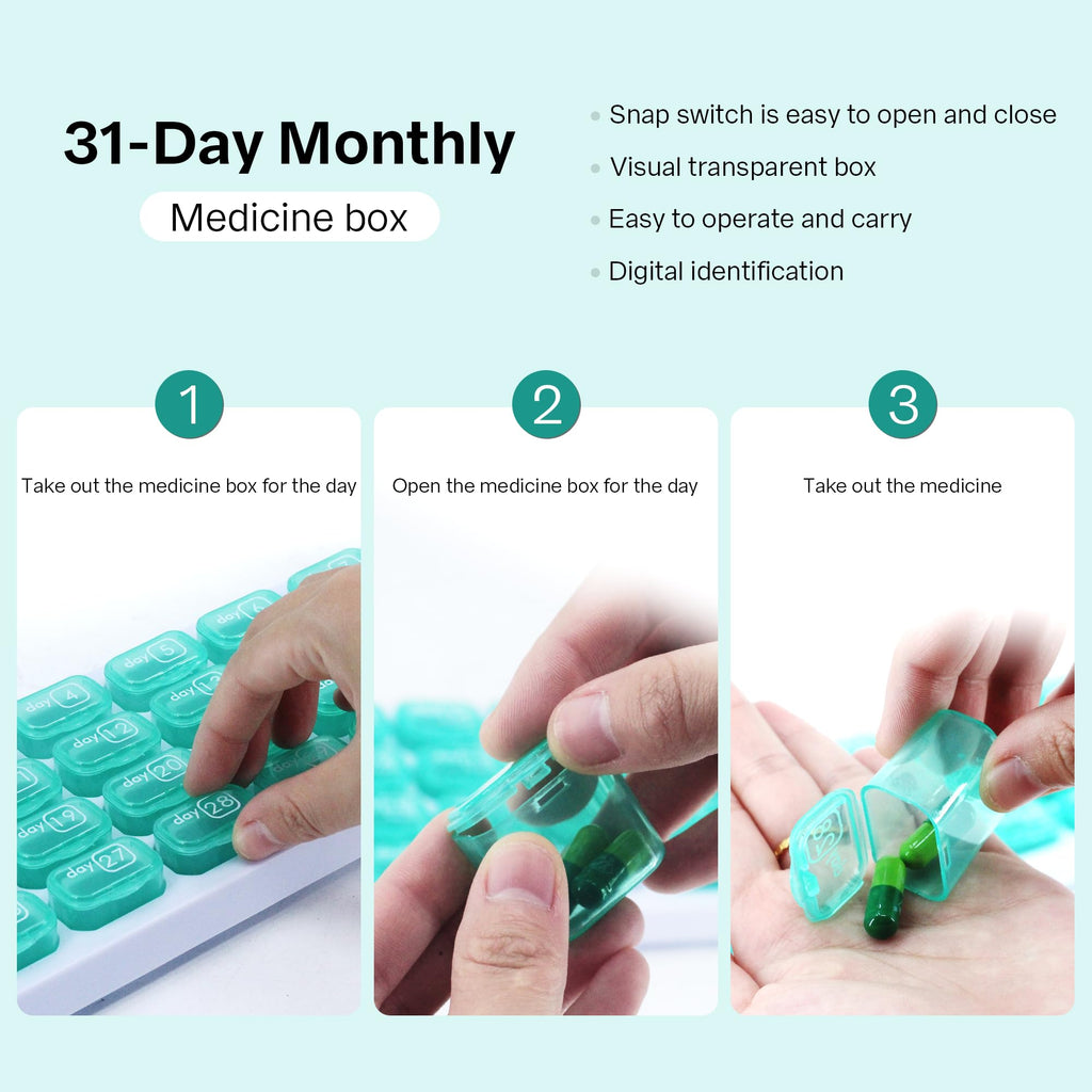 UHZBTEC Monthly 31 compartments Pill Organizer Day Pill Organizer for Medicine Vitamin Holder Container (Green)