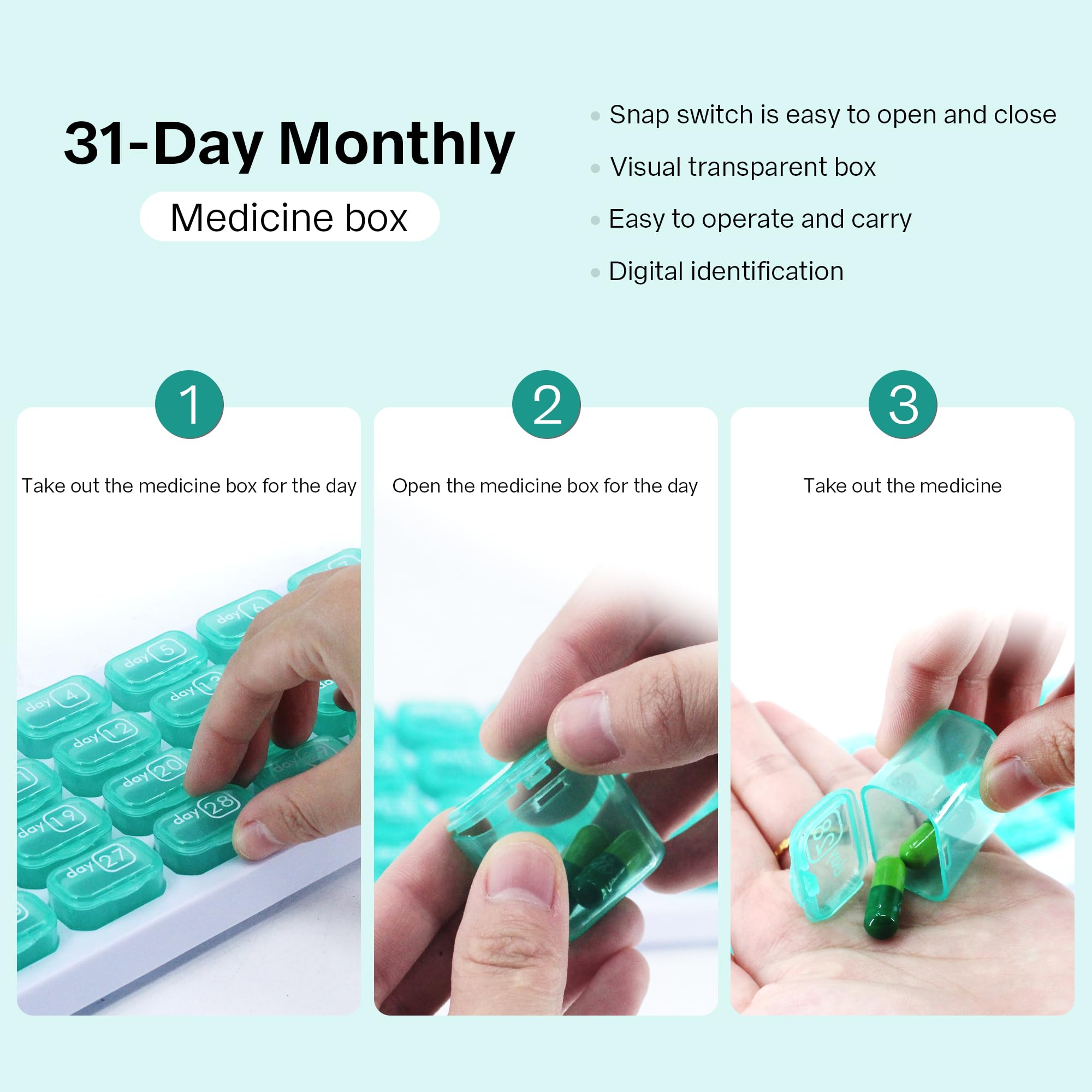 UHZBTEC Monthly 31 compartments Pill Organizer Day Pill Organizer for Medicine Vitamin Holder Container (Green)