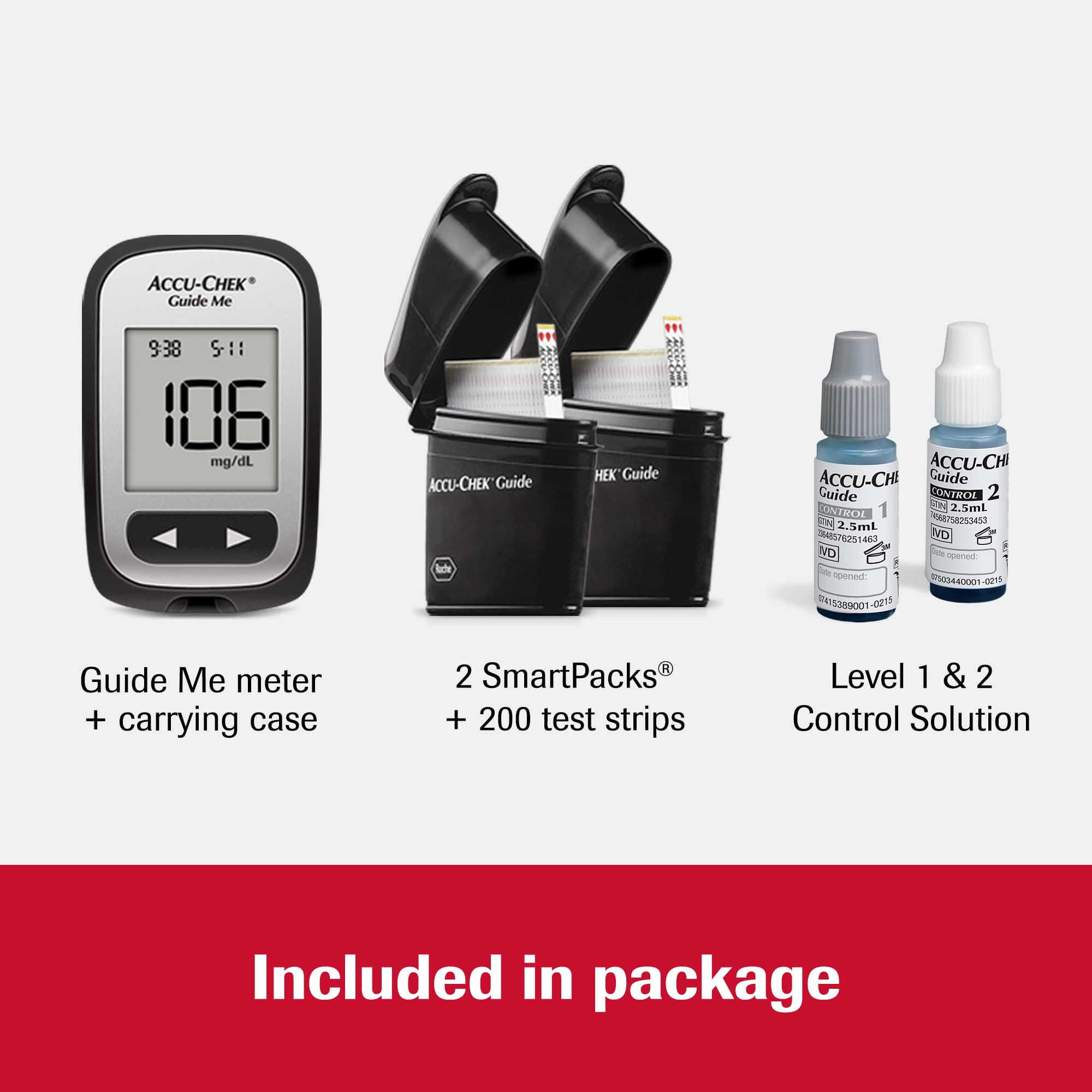 Accu-Chek Guide Me Glucose Monitor Kit for Diabetic Blood Sugar Testing: Guide Me Meter, 200 Guide Test Strips, and Control Solu
