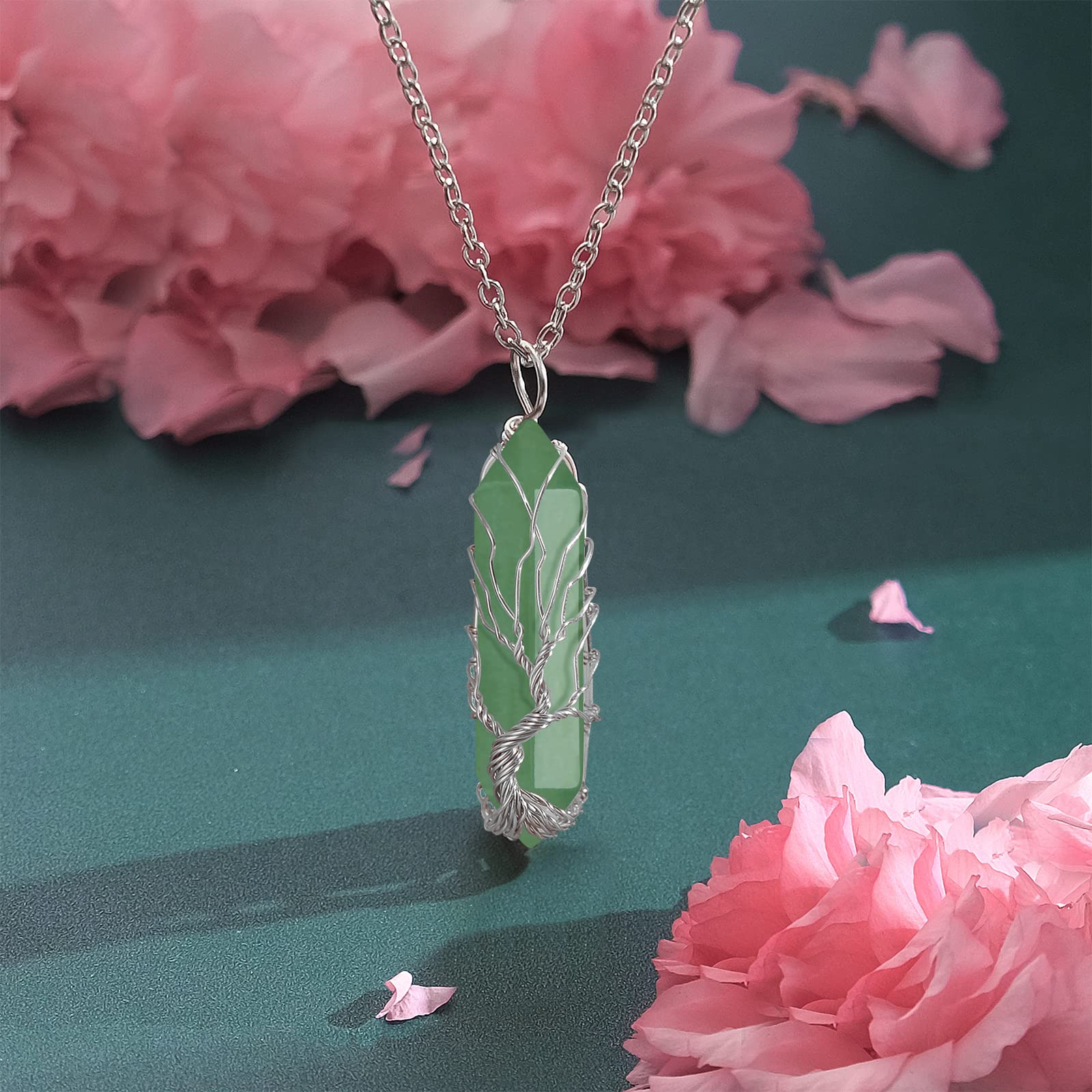 VIBILIA Healing Crystal Necklace Tree of Life Wire Wrapped Natural Green Aventurine Stone Point Pendant Necklace Hexagonal Reiki
