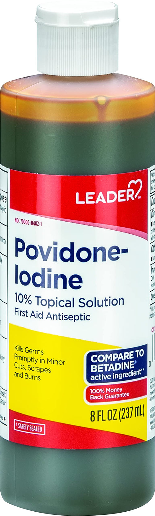 Leader Povidone Iodine 10% Prep Solution USP, First Aid Antiseptic Wound Cleanser, Wound Wash, Antiseptic Soap, 8 fl oz