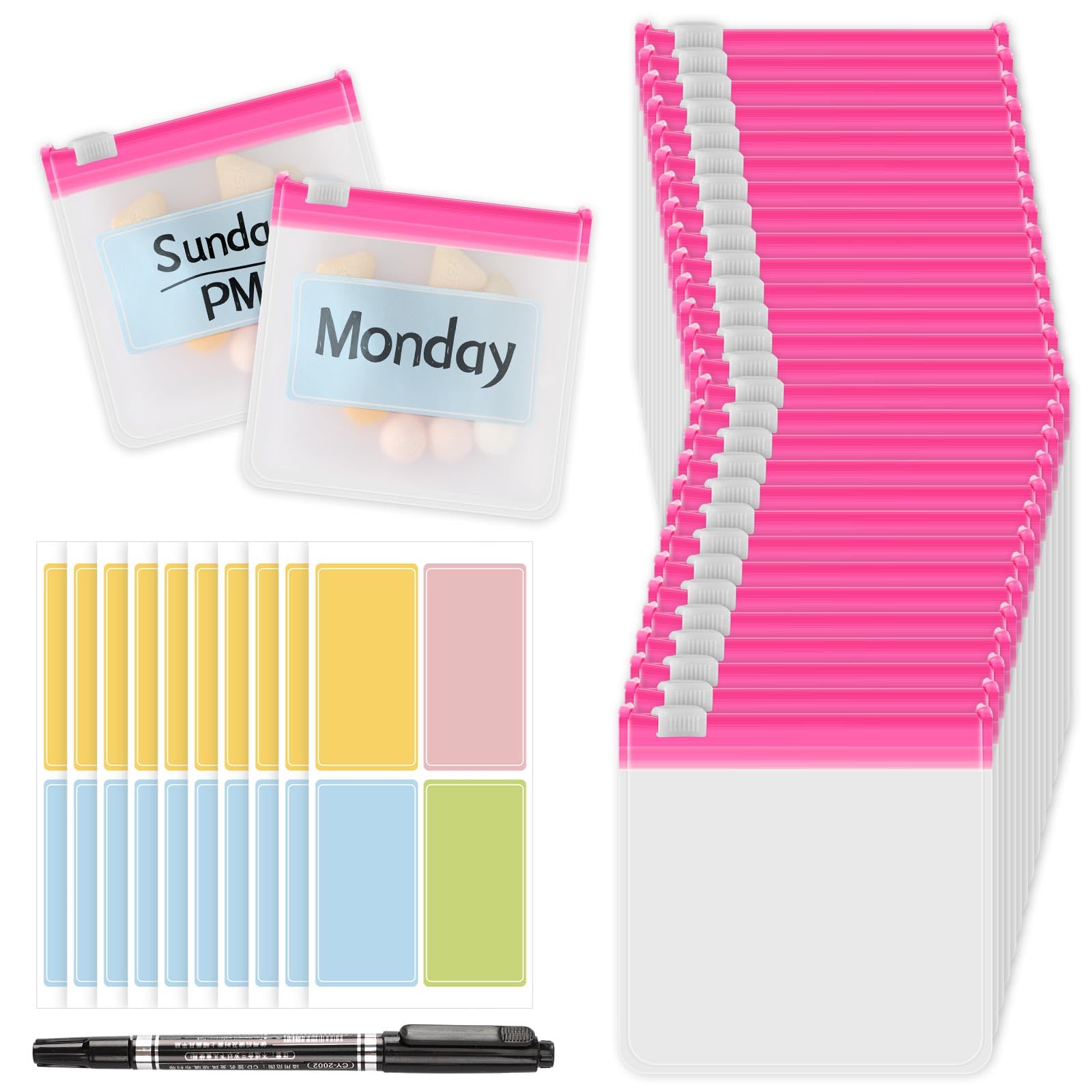 MARFOREVER 39 Pcs Pill Pouch Bags Pill Organizer, Reusable Pill Case Small Medicine Bag Tavel Pill Pouches, 28 Pcs Pink Plastic 