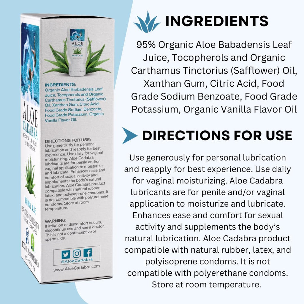 Aloe Cadabra Natural Water Based Personal Lubricant and Vaginal Moisturizer, Organic Aloe Lube for Men, Women and Couples, Non-S