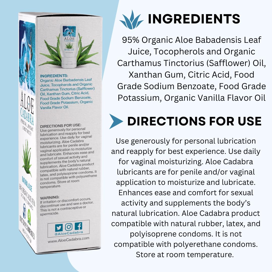 Aloe Cadabra Natural Water-Based Personal Lubricant, Organic Aloe Lube for Men, Women, and Couples, pH Balanced (Unscented 2.5 O