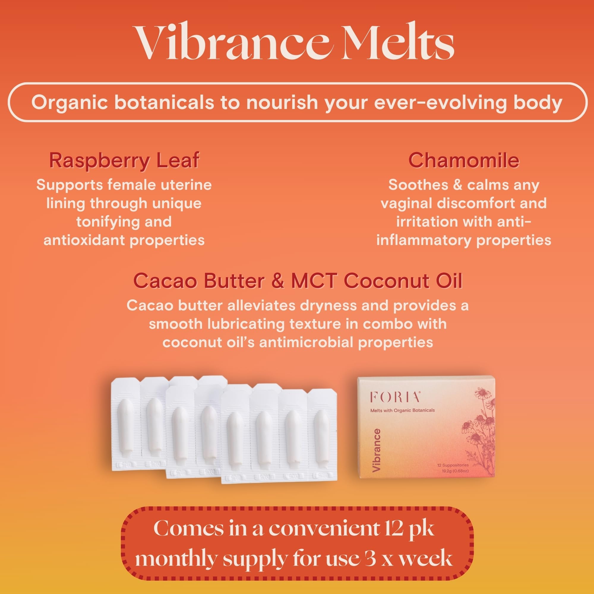 FORIA Vibrance Melts | Organic, All-Natural Moisturizing Vaginal Suppositories with Cocoa Butter and MCT Oil | Fragrance-Free In