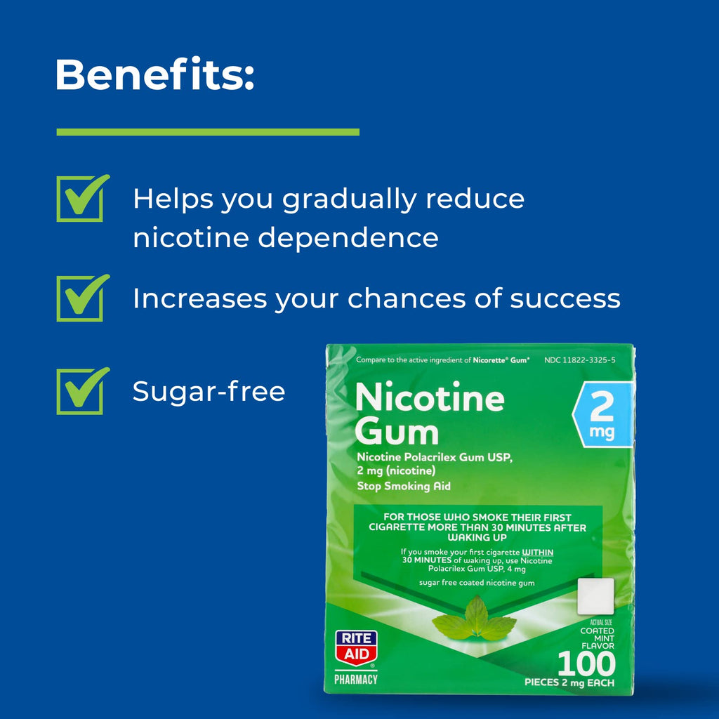 Rite Aid Nicotine Gum, Cool Mint Flavor, 2 mg - 100 Count | Quit Smoking Aid | Nicotine Replacement Gum | Stop Smoking Aids That