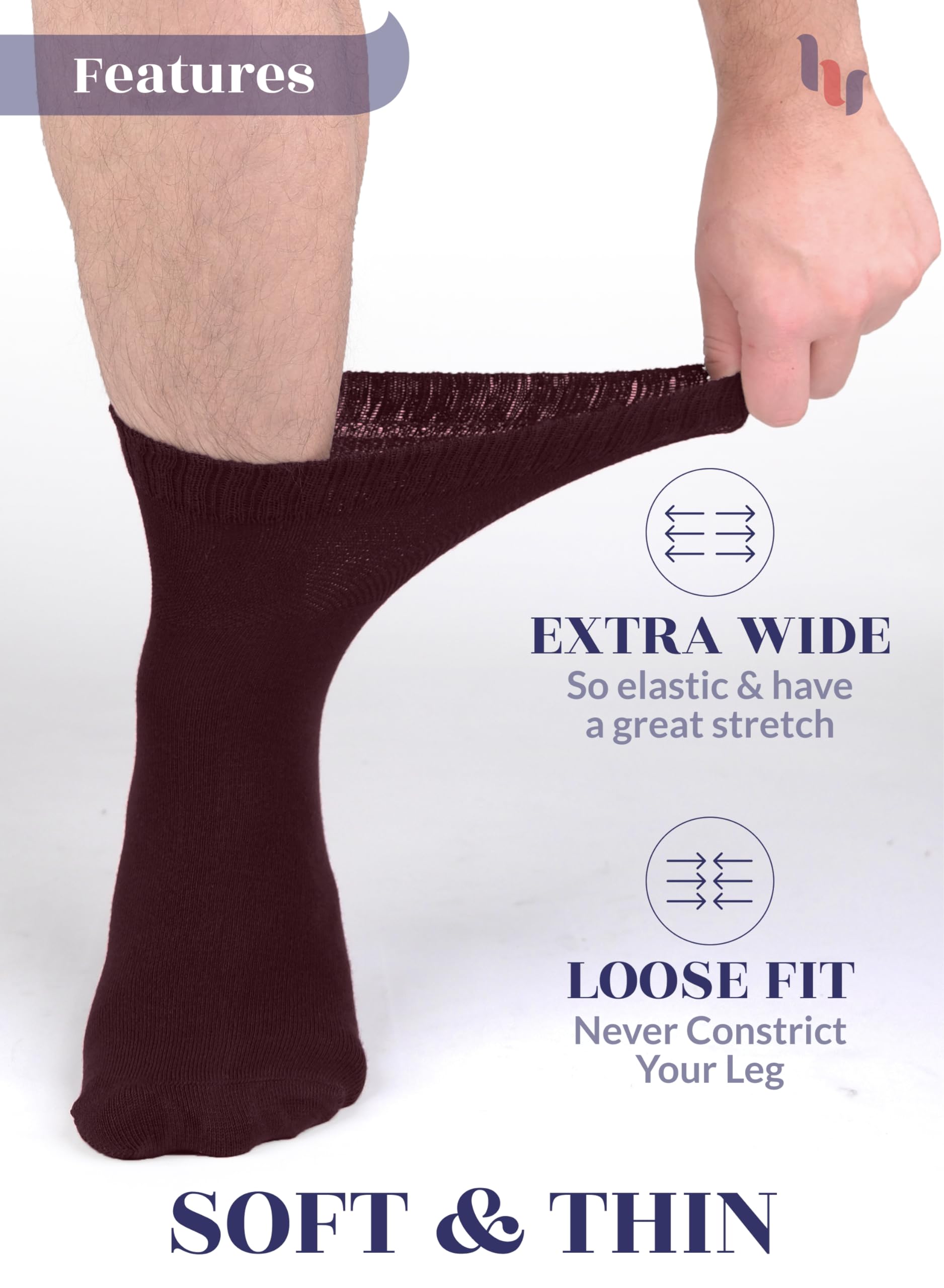 Hugh Ugoli Diabetic Socks for Men, Loose Ankle Socks Bamboo, Extra-Wide, Thin, Seamless Toe and Non-Binding Top, 4 Pairs, Burgun