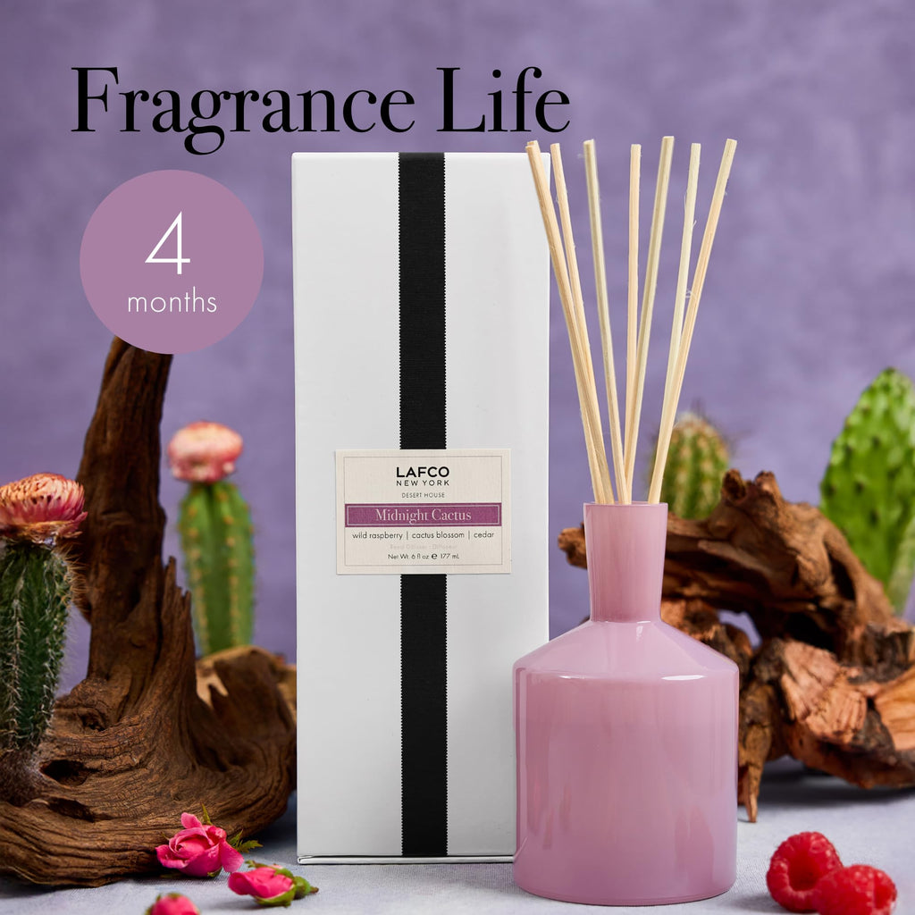 LAFCO New York Classic Reed Diffuser, Midnight Cactus - 6 oz - Up to 3 Months Fragrance Life - Reusable Glass Vessel - Natural W