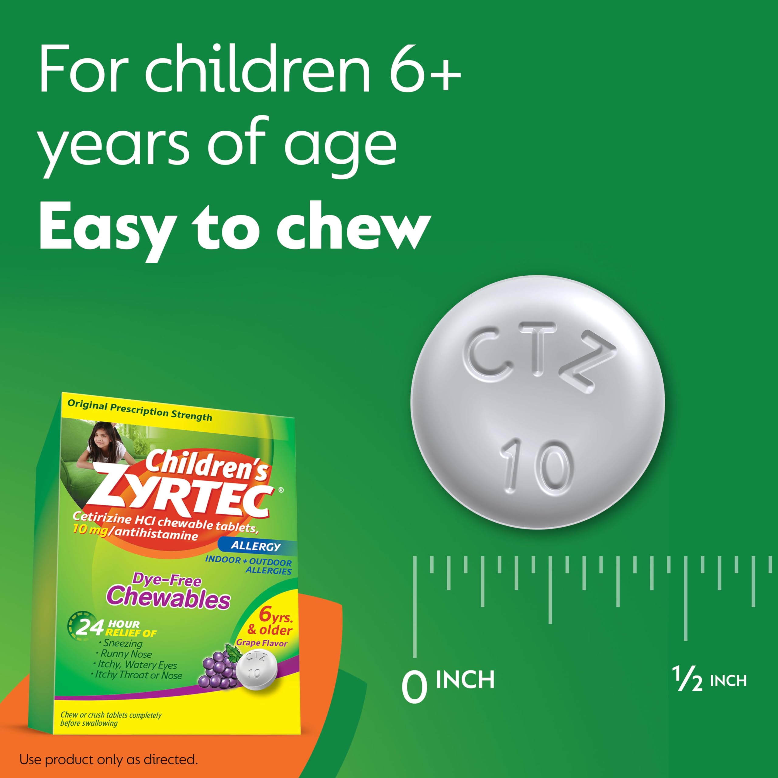 Zyrtec Childrens Dye-Free Chewables for 24 Hour Allergy Relief, 10 mg Cetirizine HCl Antihistamine Tablets, Kids Allergy Medici
