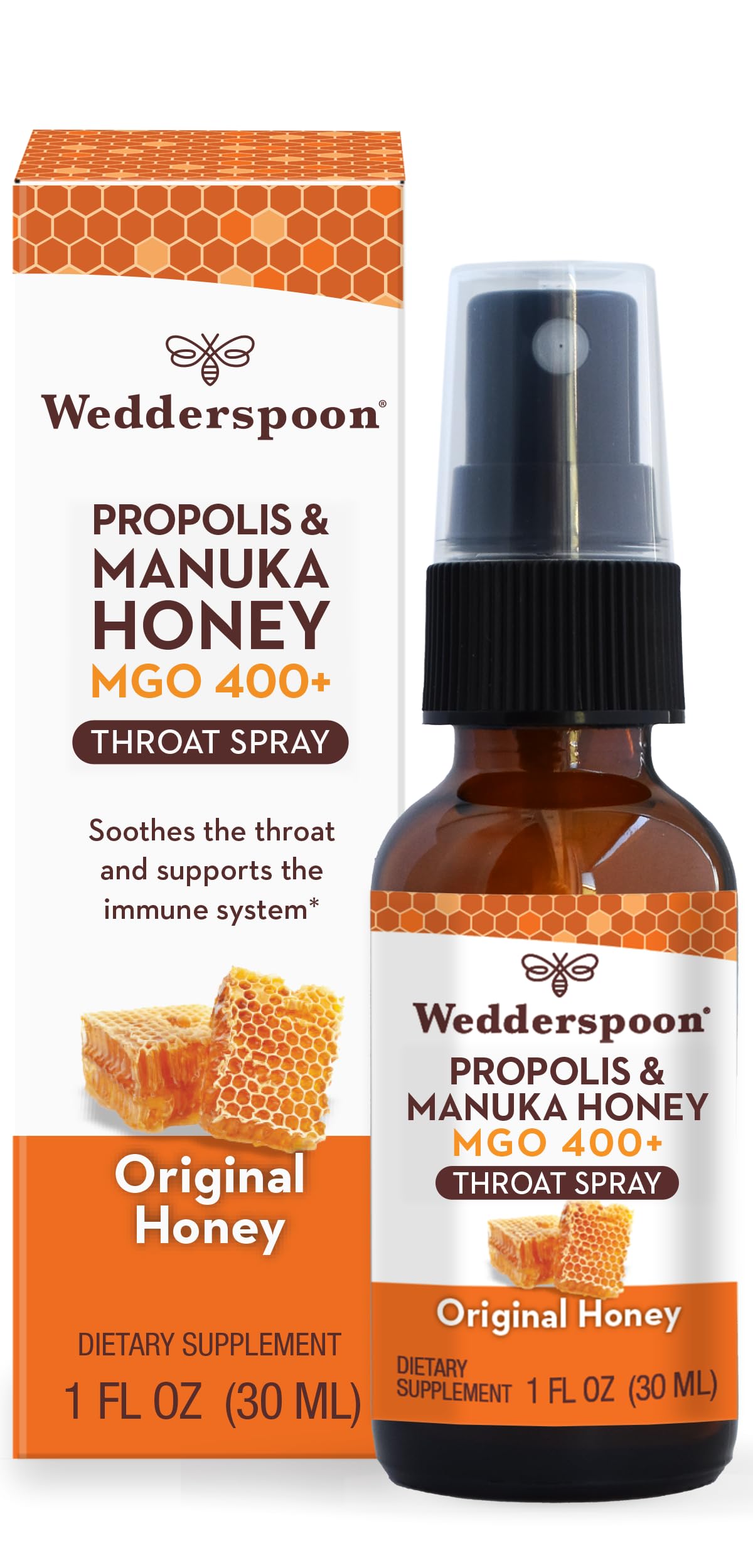 Wedderspoon Propolis and Manuka Honey Throat Spray, Original Honey, 1 Fl Oz (Pack of 1), Sore Throat Relief, Natural Immune Supp