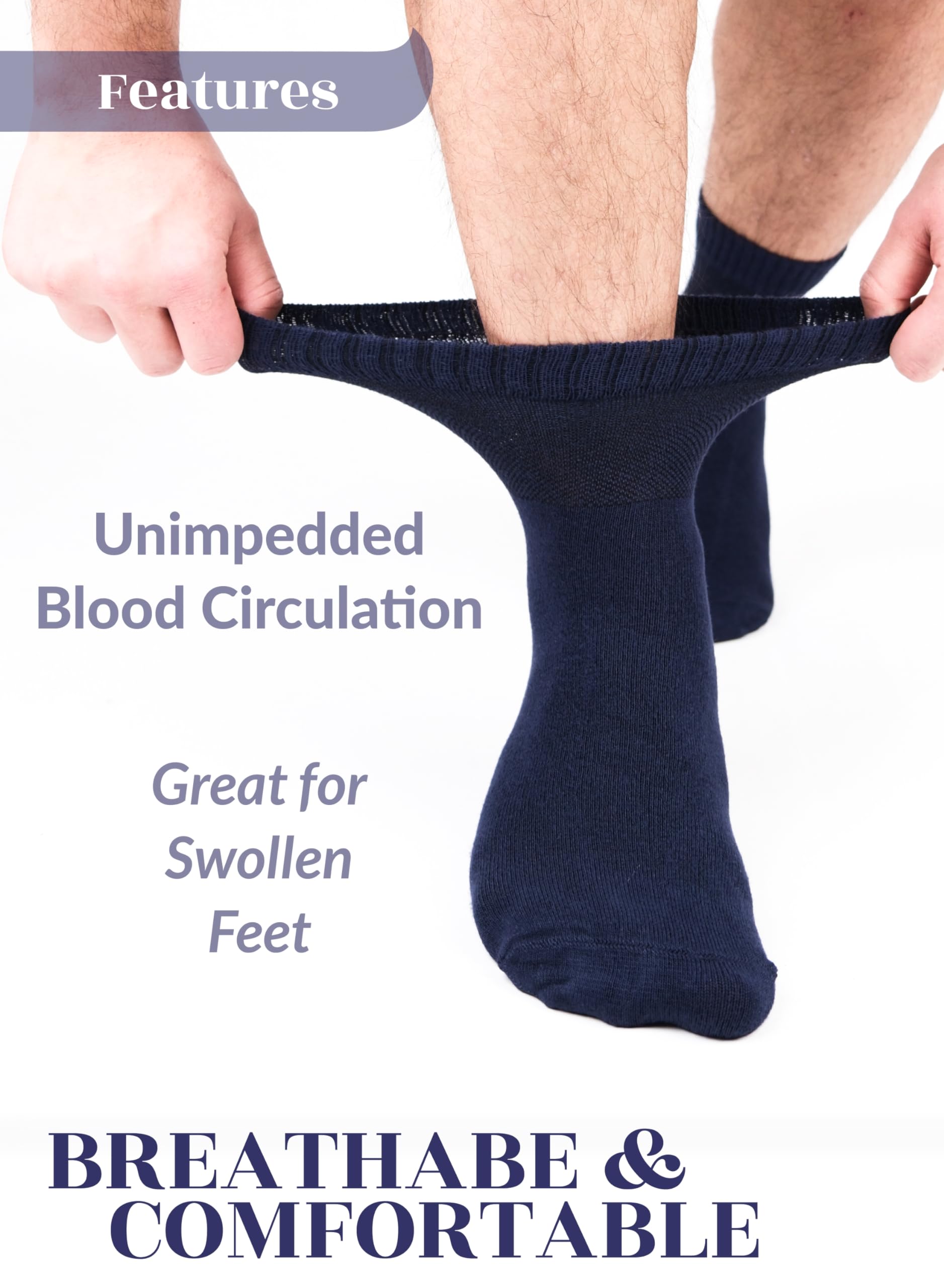 Hugh Ugoli Diabetic Socks for Men, Loose Ankle Socks Bamboo, Extra-Wide, Thin, Seamless Toe and Non-Binding Top, 4 Pairs, Navy B