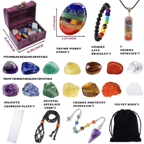 22Pcs Healing Crystals Set, Chakra Quartz Kits in Wooden Box (7 Raw and 7 Tumbled Chakra Stones, Lava Bracelet, Chakra Necklace 