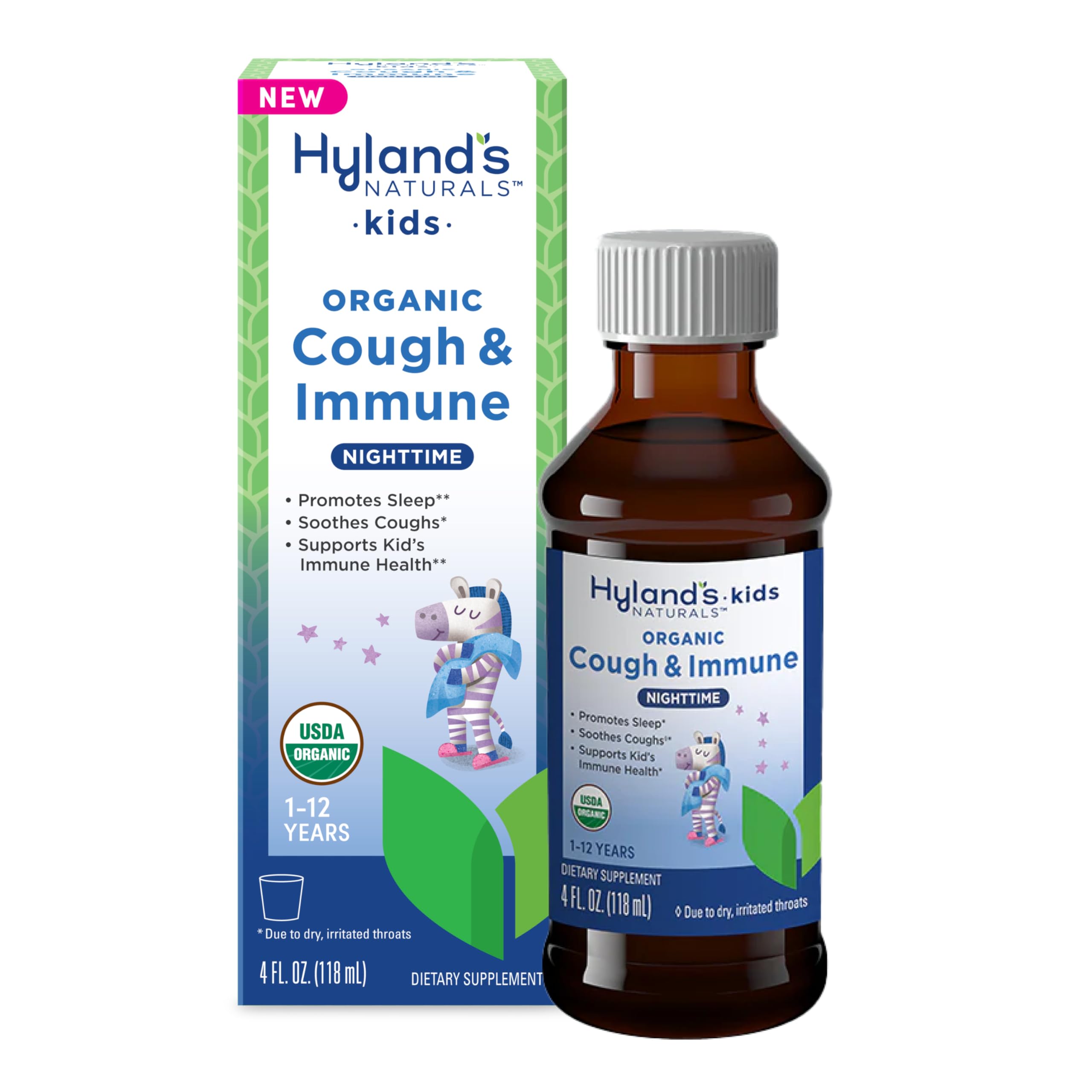 Hylands Kids Nighttime Organic Cough Syrup and Immune Support with Agave, Elderberry and Pomegranate, Soothes Cough, and Suppor