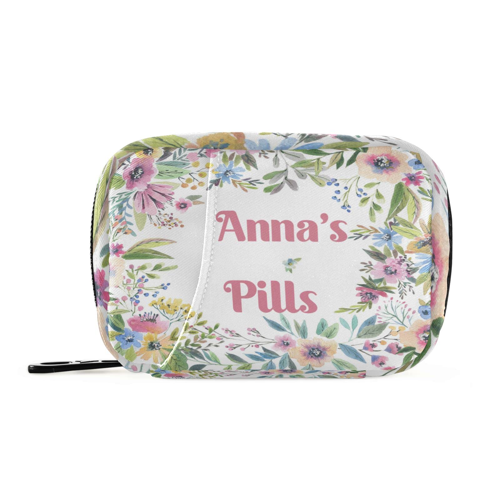 Custom Pill Box 7 Day Pill Case Bag Watercolor Flower Personalized Name Travel Pill Organizer Bag with Zipper Portable Weekly Ca