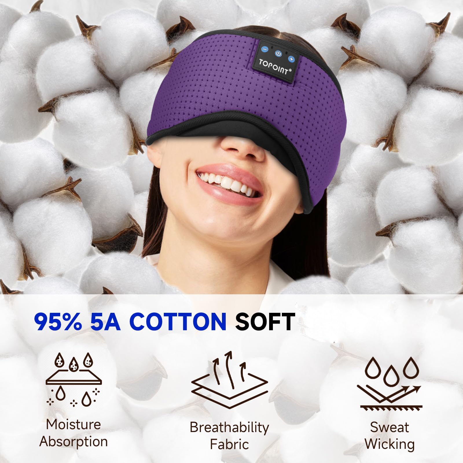TOPOINT Sleep Mask Headphones Bluetooth Wireless 5.4, Breathable Cotton Eye Mask for Sleeping Side Sleepers Travel Music Headset