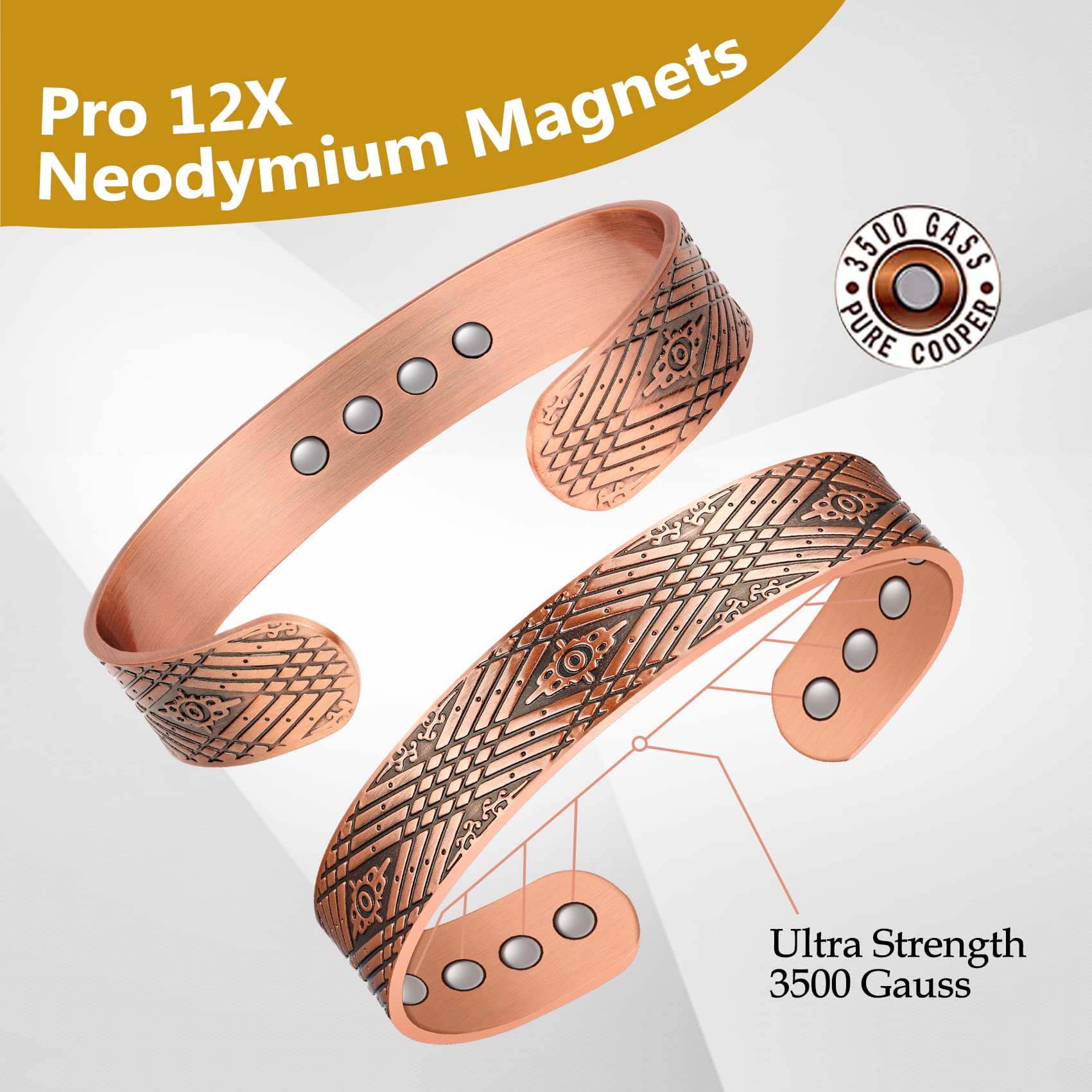 Feraco 12X Strength Wide Copper Bracelet for Men Magnetic Bracelets for Men with Neodymium Magnets, Pure Copper Jewelry Cuff Ban