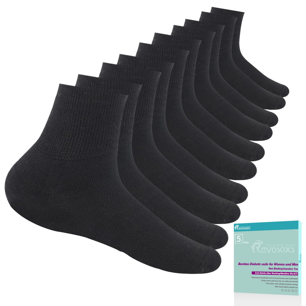 Revosoxs Diabetic Socks for Women Men,5 Pairs Bamboo Viscose Non Binding Diabetic Ankle Wide Seamless Socks 6-9 9-12(Black-Large