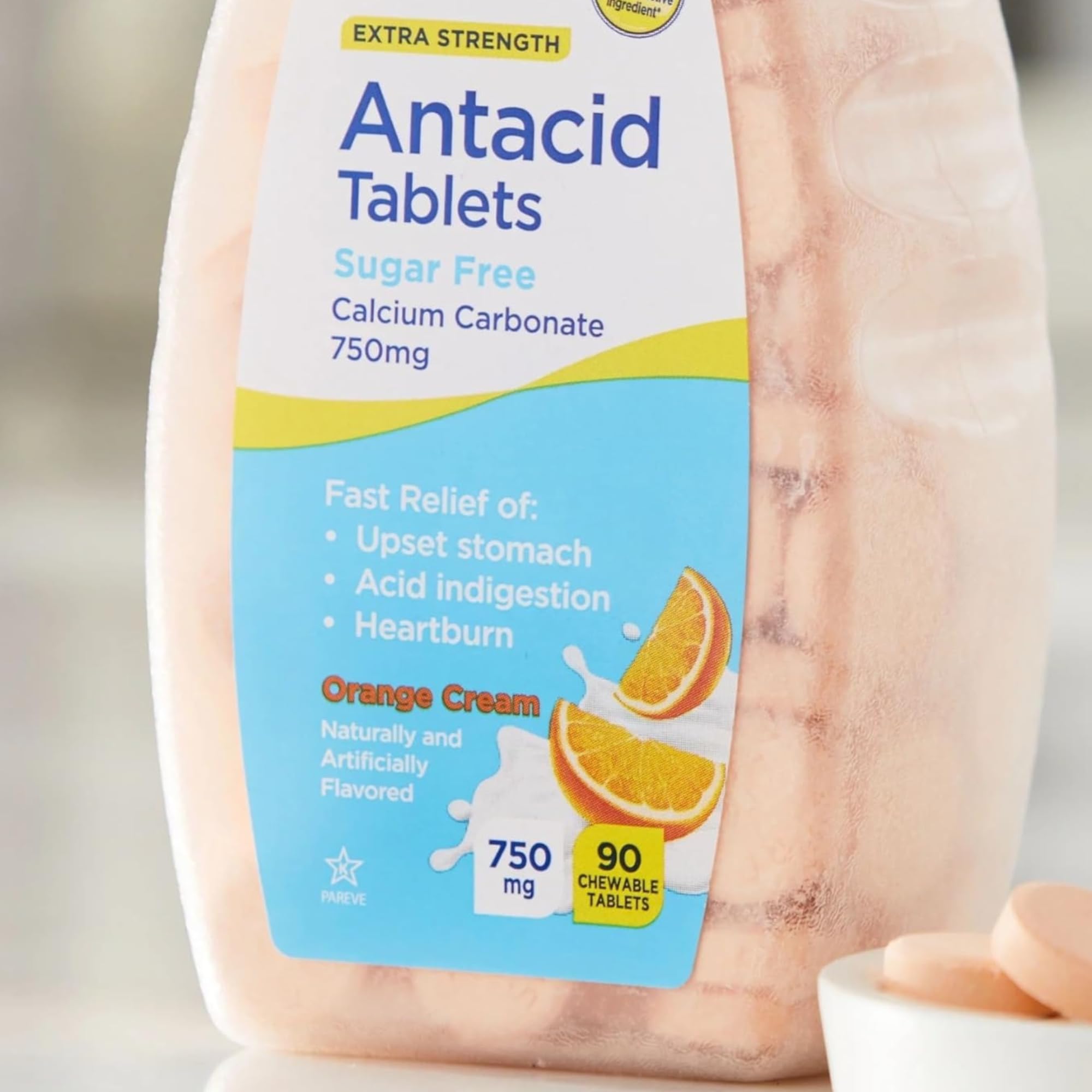 Equate Extra Strength Sugar-Free Antacid Chewable Tablets, Orange Cream, 750 mg, 90 Count (Pack of 3) Total 270 Count + Create S