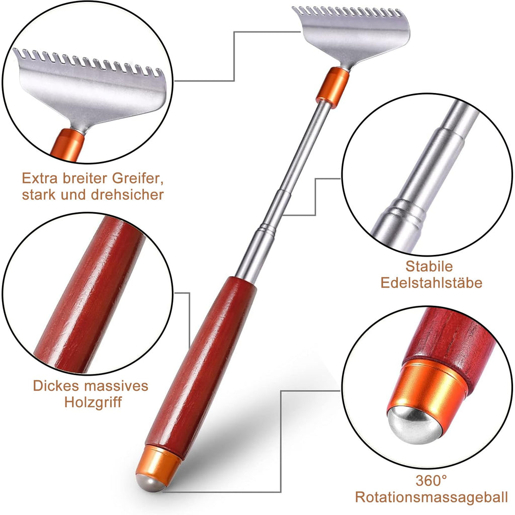 Aznrszy Extendable Back Scratcher - 24Inch Wooden Handle Massage Roller, Extra Wide 15-Teeth Claw, Sturdy Steel Hand Massager fo