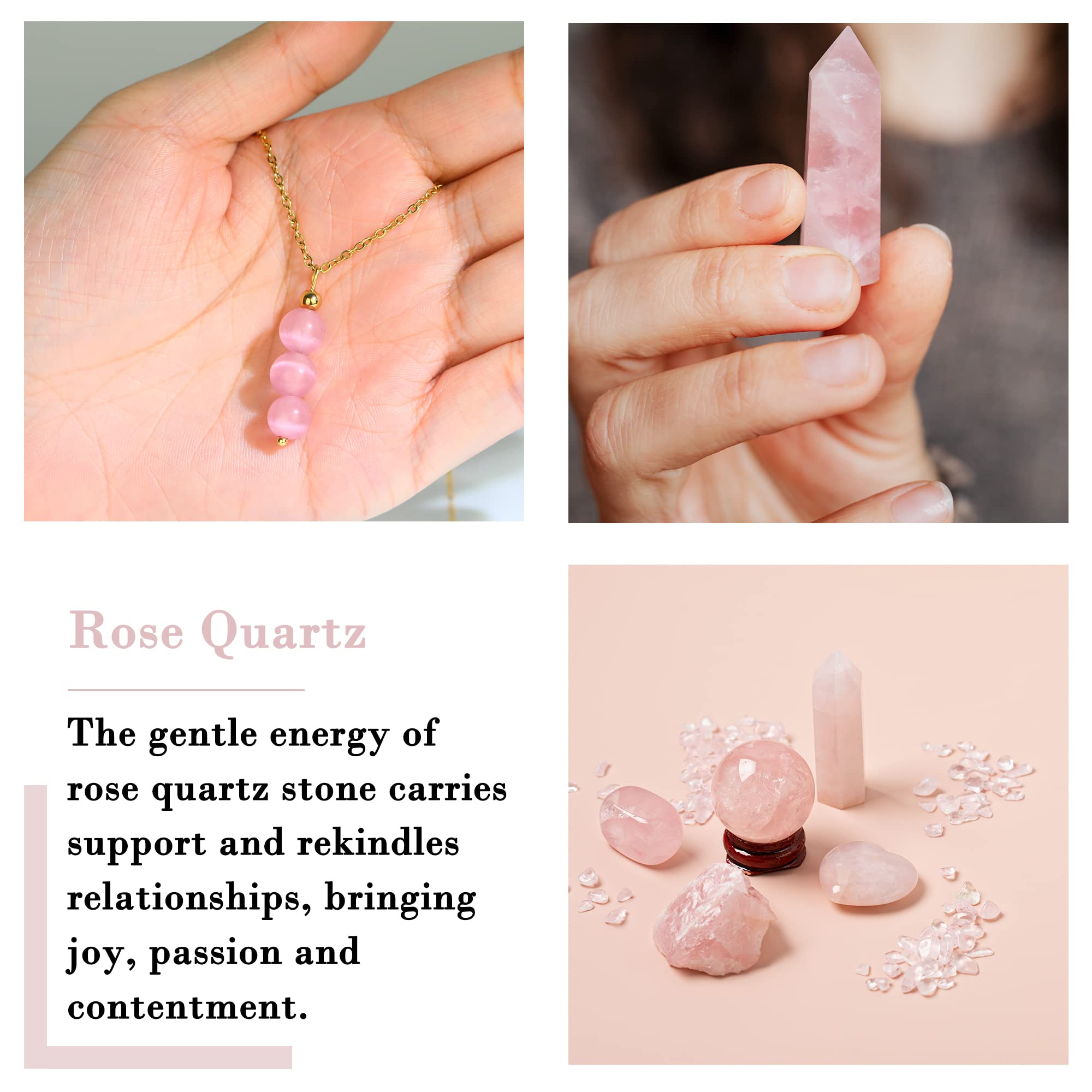 SmileBelle Rose Quartz Necklace Pink Necklace as Valentines Day Necklace, Spiritual Gifts For Daughter Pink Beaded Necklace Rose