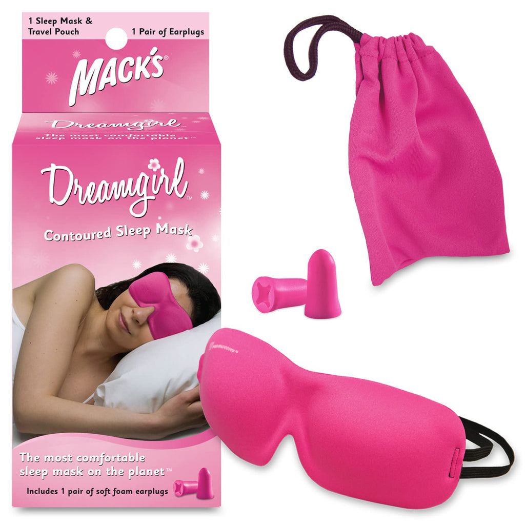 Macks Dreamgirl Contoured Sleep Mask - Pink, Comfortable, Adjustable, 2 Strap Eye Mask with Macks Dreamgirl Soft Foam Earplugs