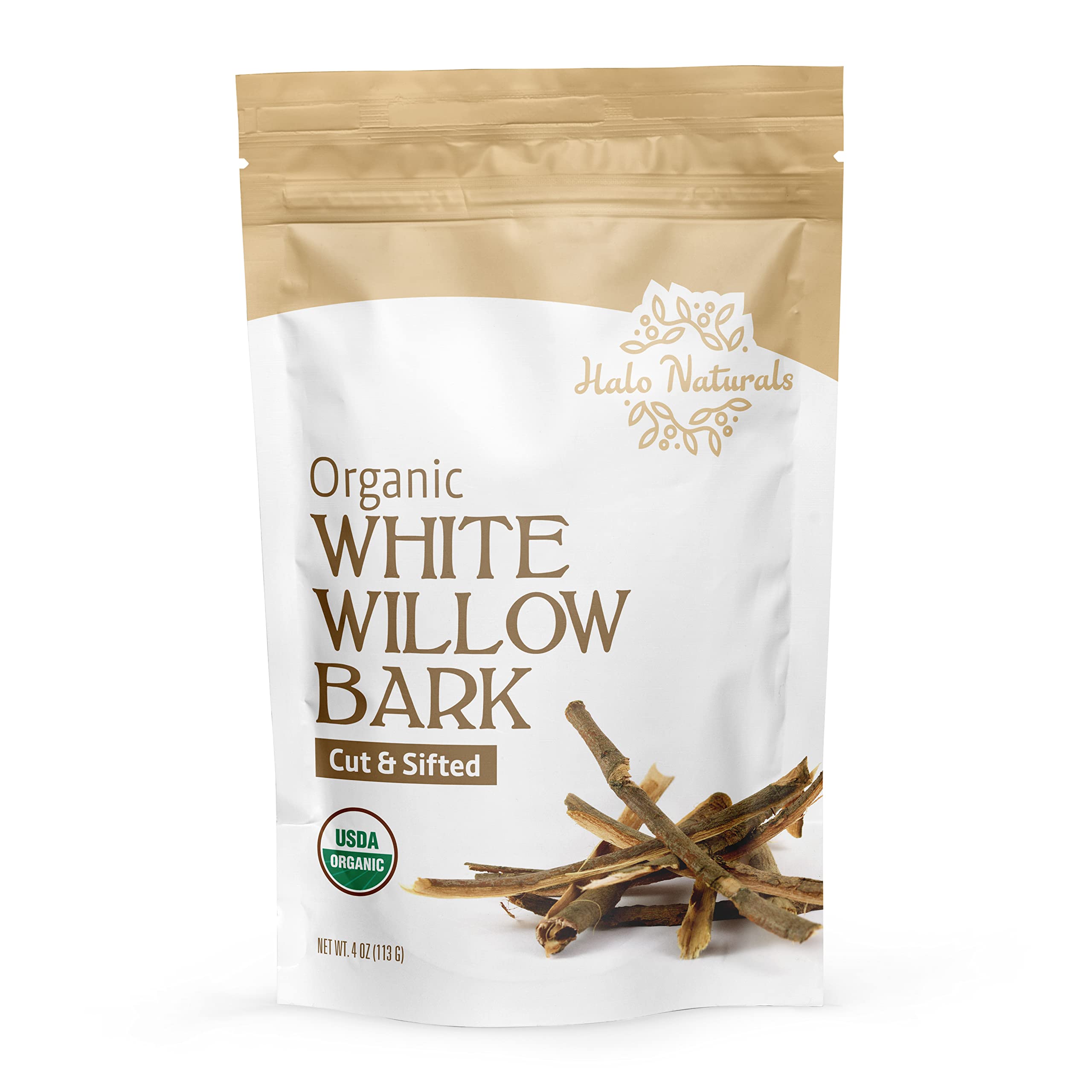 Halo Naturals Organic White Willow Bark Cut & Sifted, 4 Ounces (Salix alba) USDA Certified | Resealable Pouch| Packaged in The U