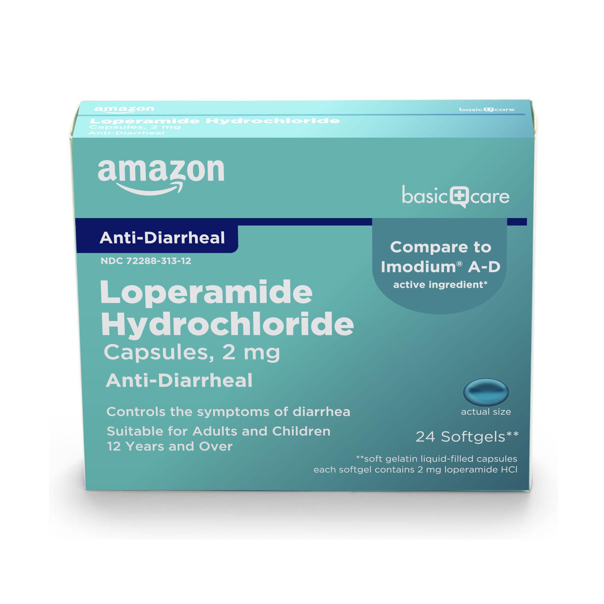 Amazon Basic Care Loperamide Hcl 2 Mg Softgels, Anti-Diarrheal, Made in USA, 24 Count (Pack of 1)