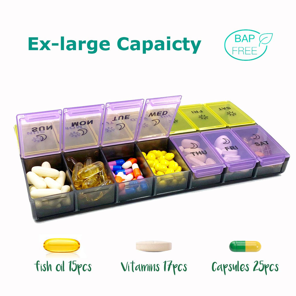 Mossime XL Large Daily Pill Organizer 2 Times a Day, Extra 7 Day Pill Box Am Pm, Weekly Day Night Vitamin Holder, Medicine Organ