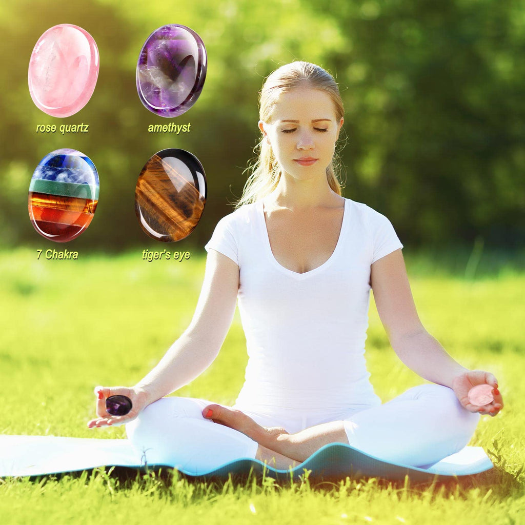 Roowest 4 Pcs Thumb Worry Stone for Anxiety Crystals Pink Chakras Amethyst Tiger Eye Green Aventurine Quartz Obsidian Anxiety St