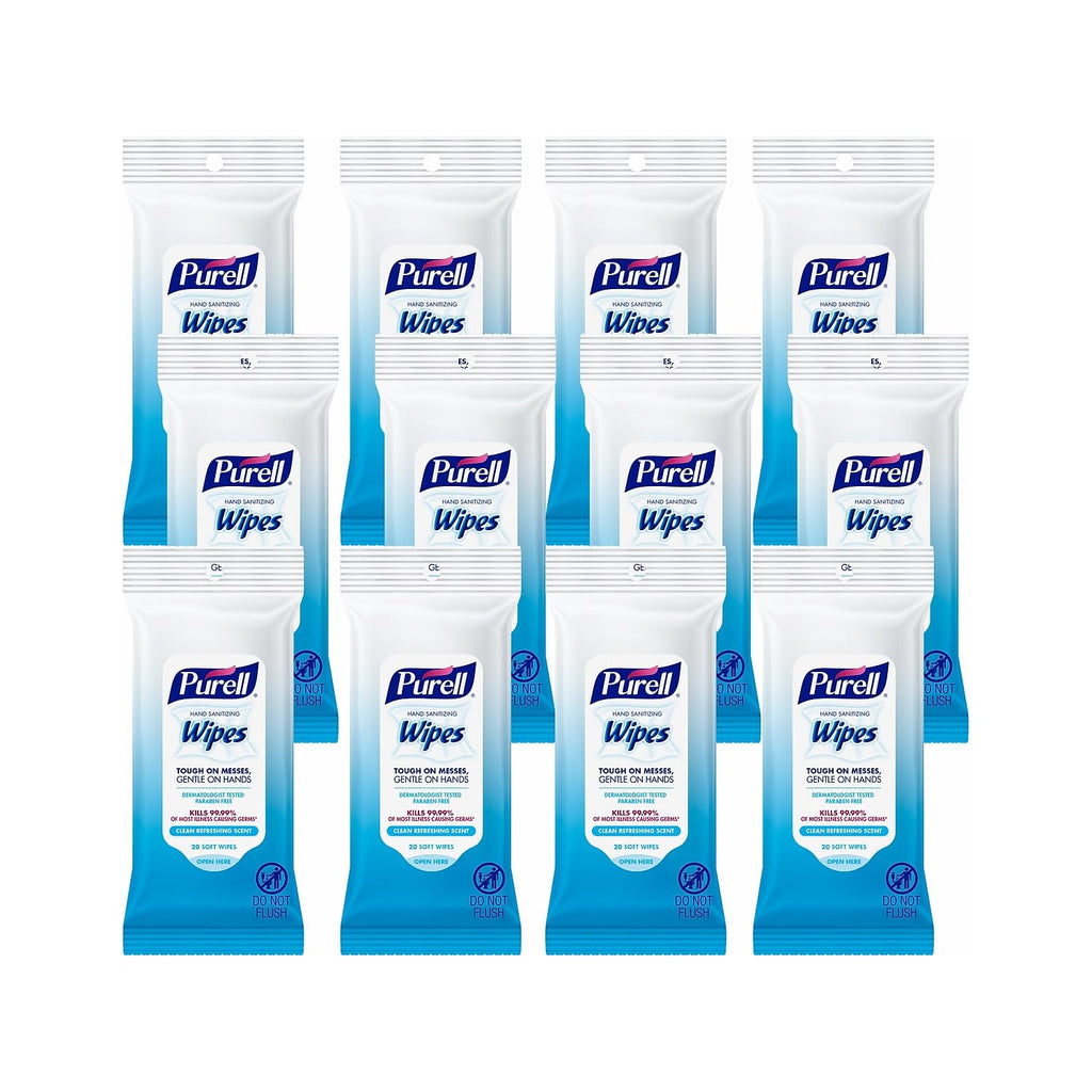 PURELL Hand Sanitizing Wipes, Clean Refreshing Scent, 20 Count Travel Pack (Pack of 12), 9124-12-CMR