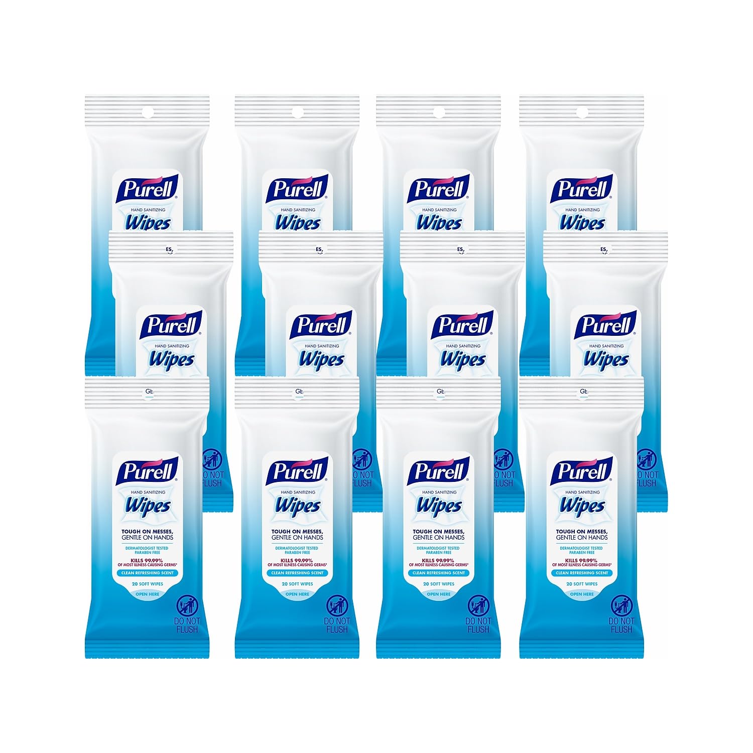 PURELL Hand Sanitizing Wipes, Clean Refreshing Scent, 20 Count Travel Pack (Pack of 12), 9124-12-CMR