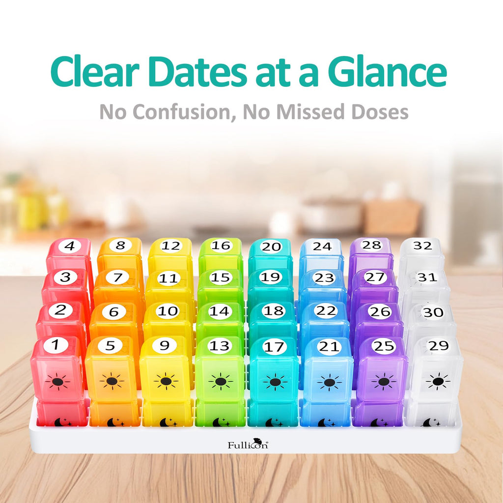 Fullicon Monthly Pill Organizer 2 Times a Day, 30 Day AM PM Pill Box with 32 Large Removable Cases, Medicine & Vitamin Storage f