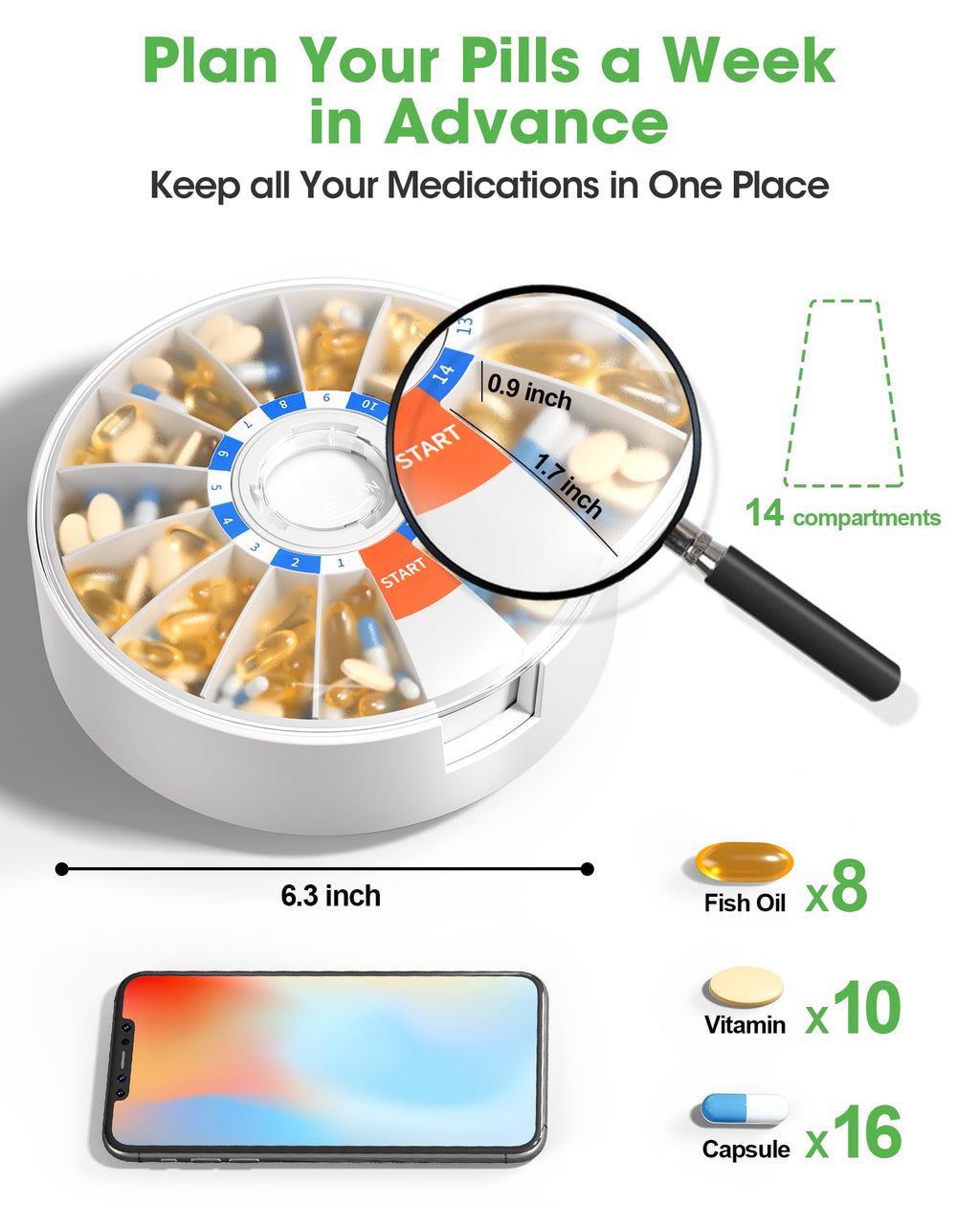 Daviky Pill Dispenser Daily, Large Pill Organizer with Wall-Mounted or Standing Use, 14 Days Pill Box, Push Button Design, Weekl