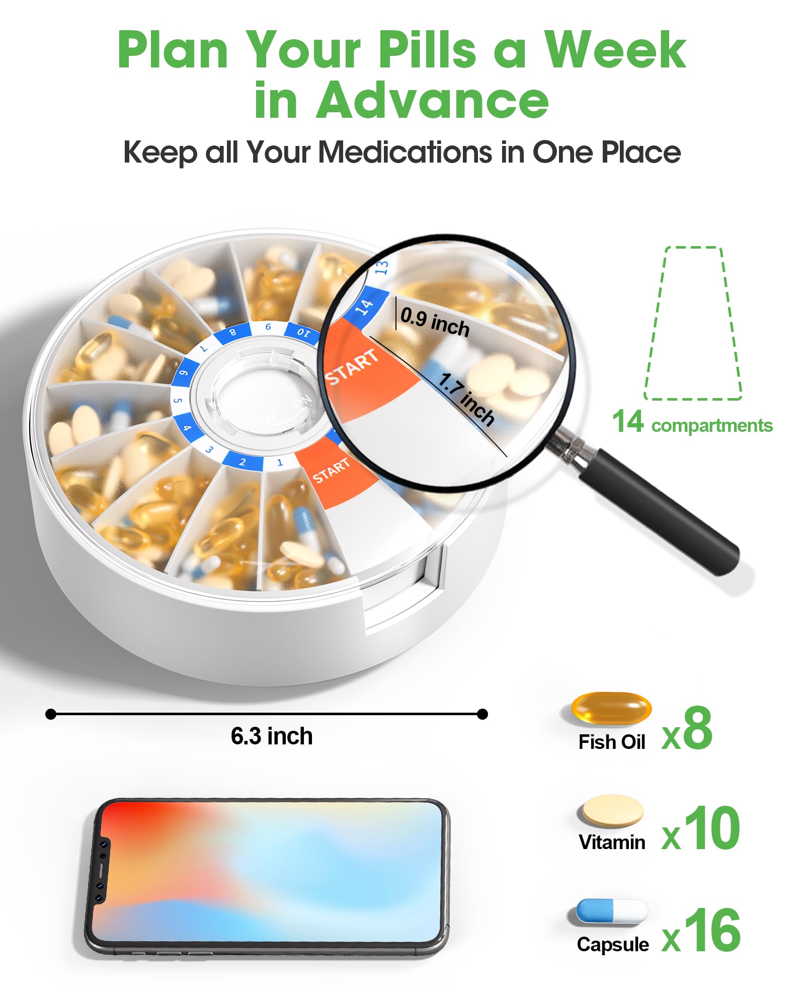 Daviky Pill Dispenser Daily, Large Pill Organizer with Wall-Mounted or Standing Use, 14 Days Pill Box, Push Button Design, Weekl