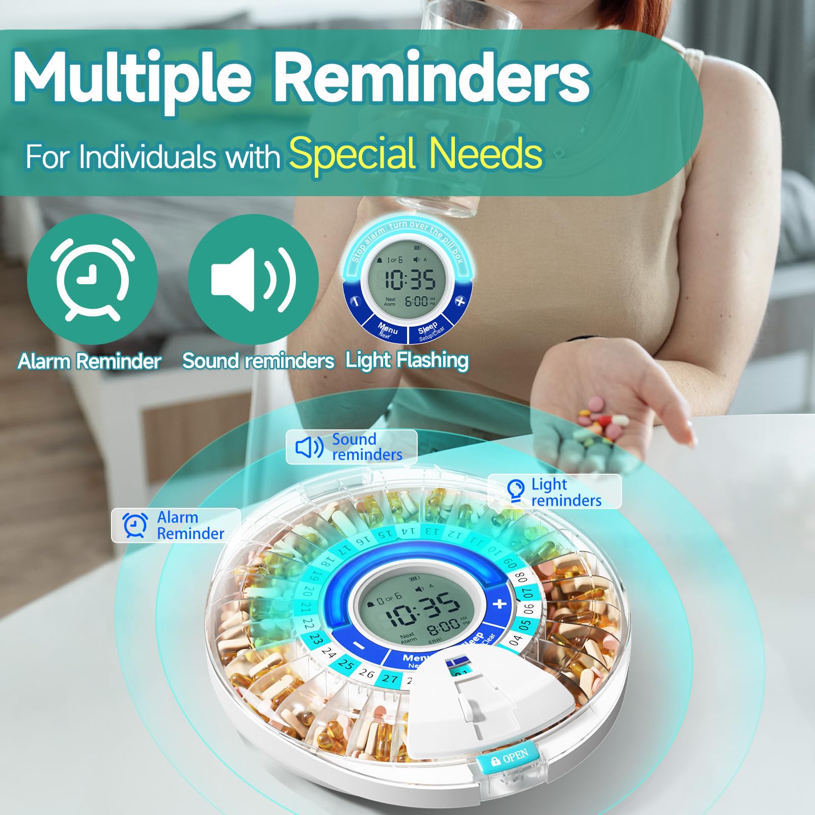 Windtrace Automatic Pill Dispenser for Elderly, Electronic Monthly Pill Organizer with Alarm & Light, 28 Day Smart Lock Medicati