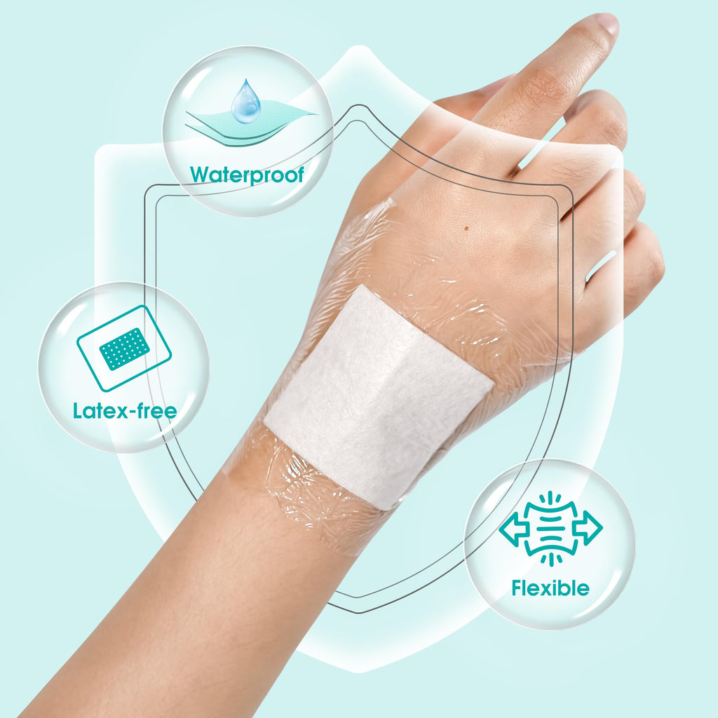 General Medi Waterproof Transparent Adhesive Island Dressing (50 Count, 4 x 4), Wound Care Pad with Adhesive Border - Sterile, S