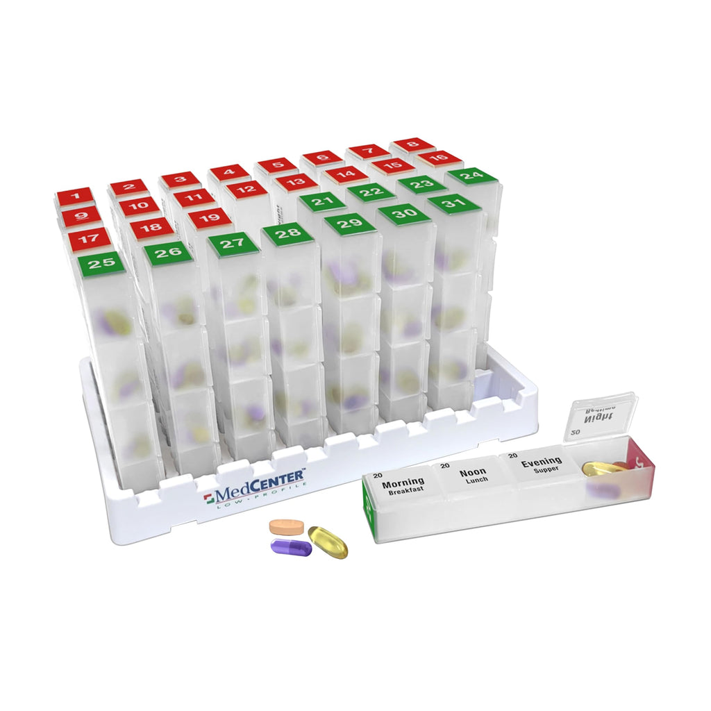 Medcenter FSA HSA Eligible Monthly Pill Box Organizer, 4 Times a Day, Extra Large 31 Daily Pill Cases with Compartments for Vita