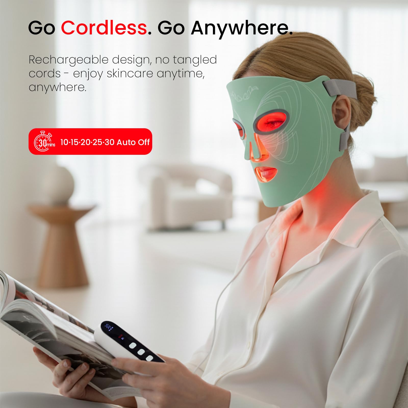 SANATECH LED Light Therapy Mask for Face, 4 Modes LED Face Mask Light Therapy with 850nm Near-Infrared, 400 LEDs, Rechargeable,