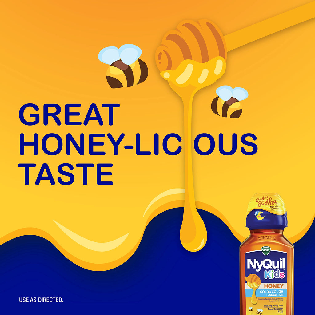 Vicks Kids NyQuil Honey Cold & Cough + Congestion Relief for Nighttime Sneezing, Runny Nose, Nasal Congestion & Cough, Flavored