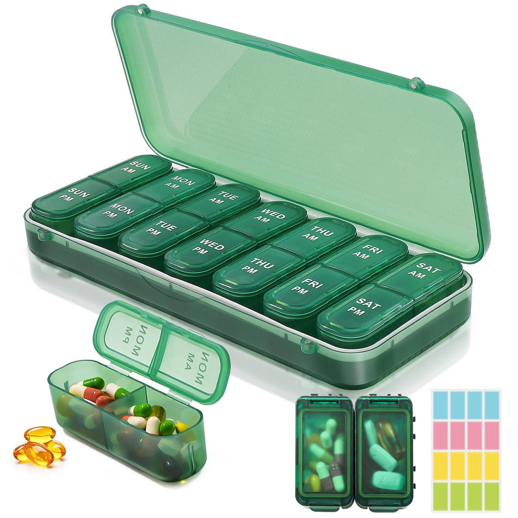 LOBIUTIYA Weekly Pill Organizer 2 Times a Day + 2 Detachable AM PM Travel Kits for Vitamin, Medicine, Supplement, Fish Oil - Gre