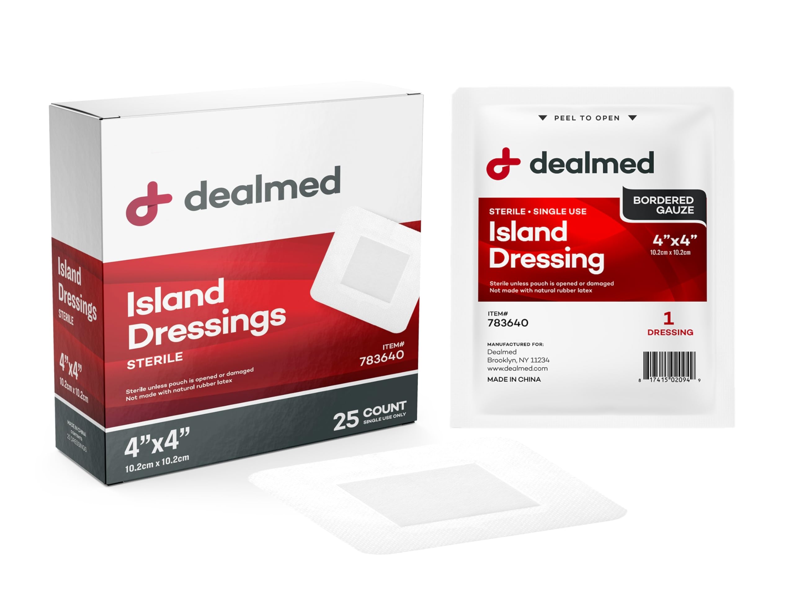 Dealmed Sterile Bordered Gauze Island Dressings - 25 Count, 4 x 4 Gauze Pads, Disposable, Latex-Free, Adhesive Borders with Non-