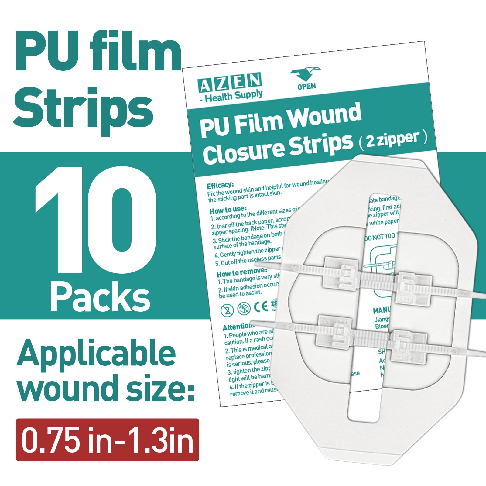 AZEN 10 Pack Emergency Wound Closure Strips, Butterfly Bandages for Wound Closure, Quick Clot Zip Stitch Wound Closures Device