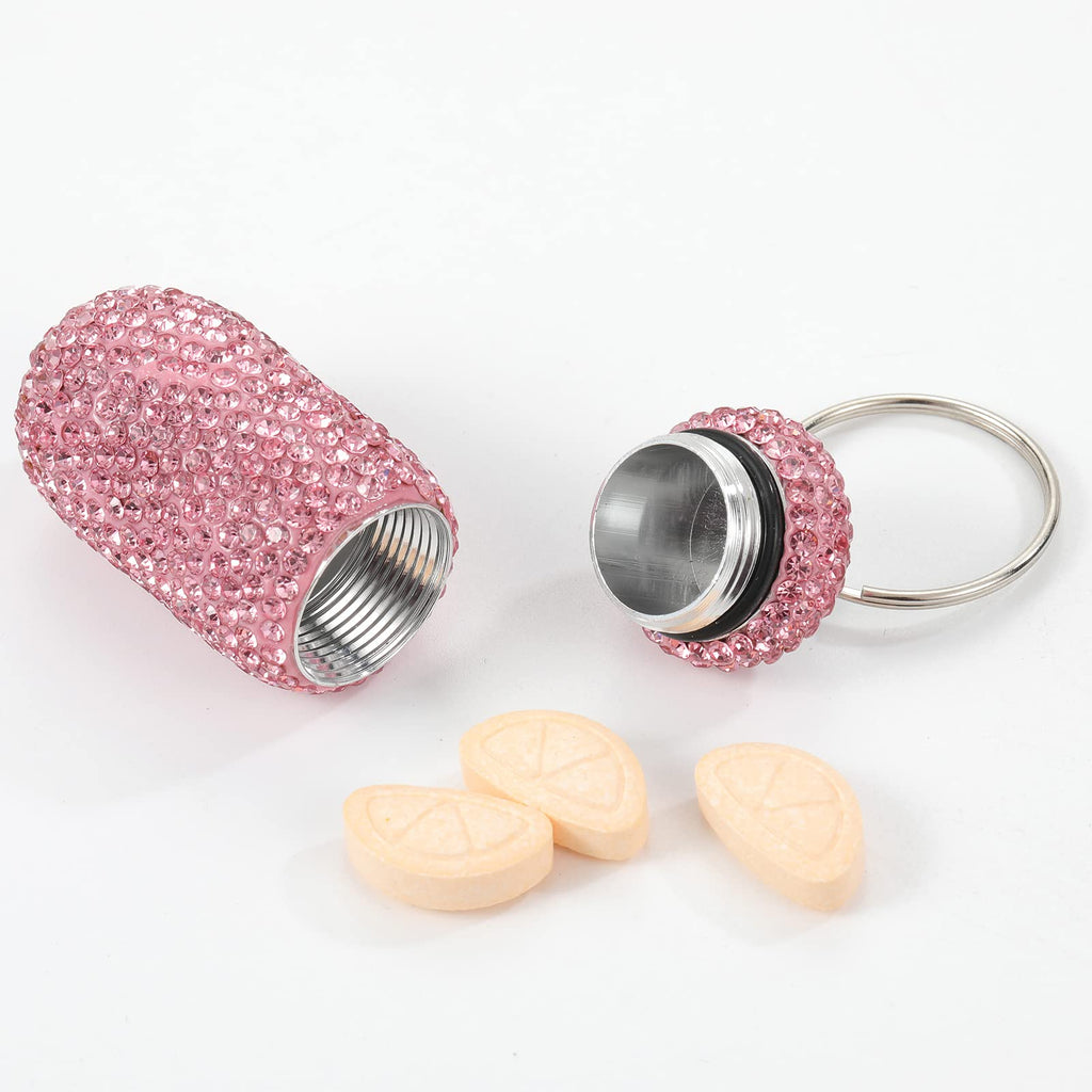 Bling Pill Case Portable Travel Pill Container Bottle Rhinestone Waterproof Small Pill Holder with Keychain Cute Mini Pill Stora
