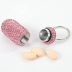 Bling Pill Case Portable Travel Pill Container Bottle Rhinestone Waterproof Small Pill Holder with Keychain Cute Mini Pill Stora