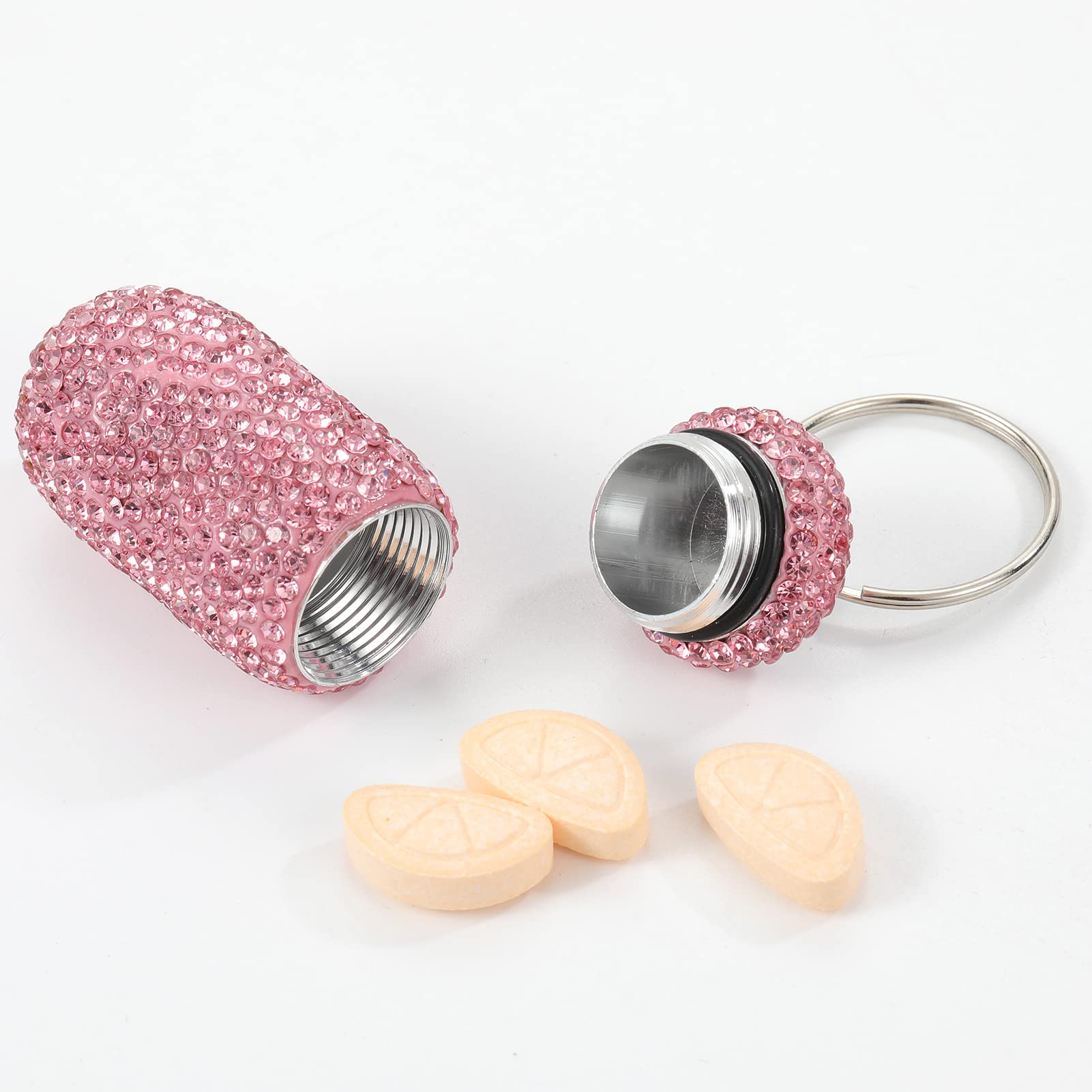 Bling Pill Case Portable Travel Pill Container Bottle Rhinestone Waterproof Small Pill Holder with Keychain Cute Mini Pill Stora