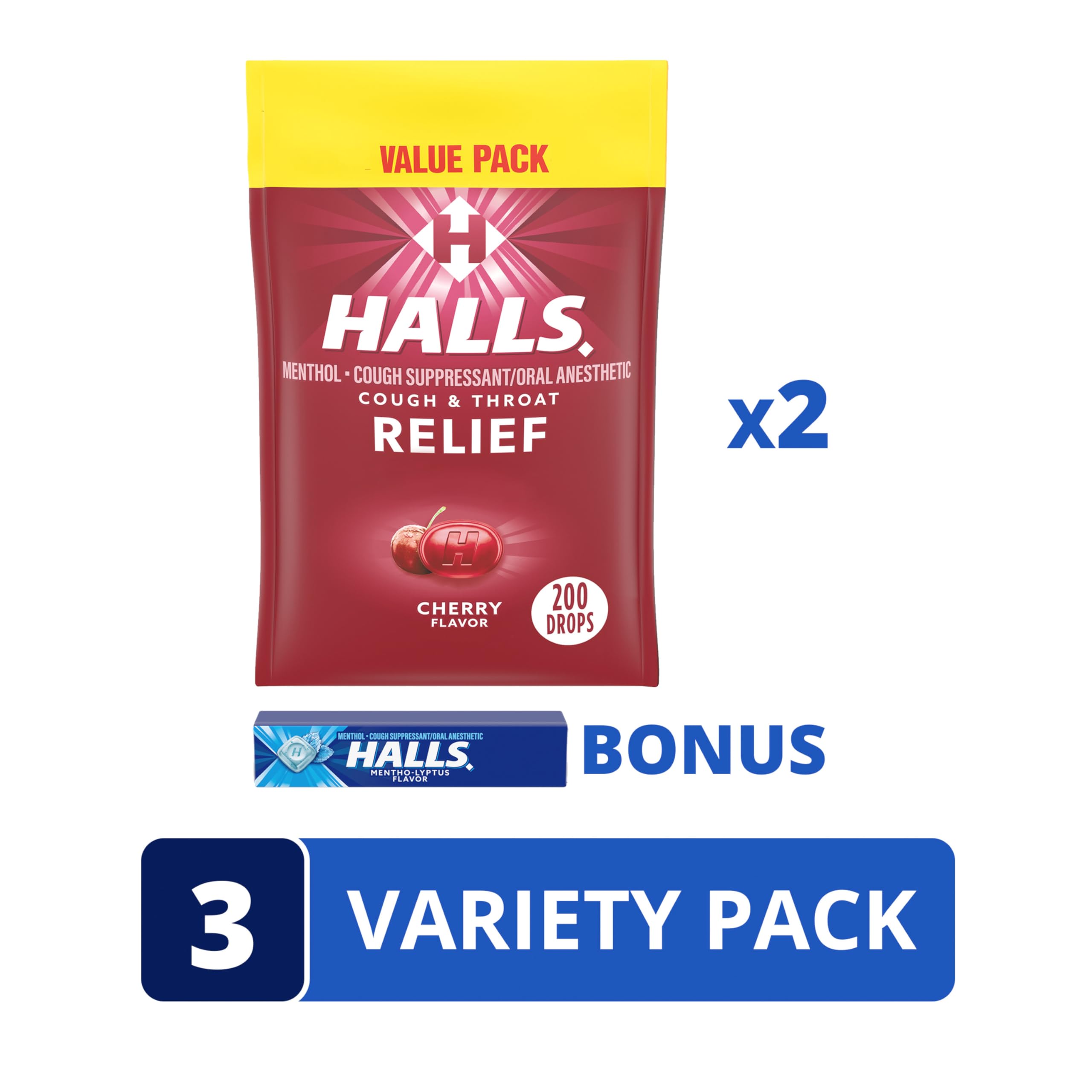 HALLS Relief Cherry Cough Drops, 2 Value Packs of 200 Drops (400 Total Drops) + Bonus 9 Count HALLS Relief Mentho-Lyptus Cough D