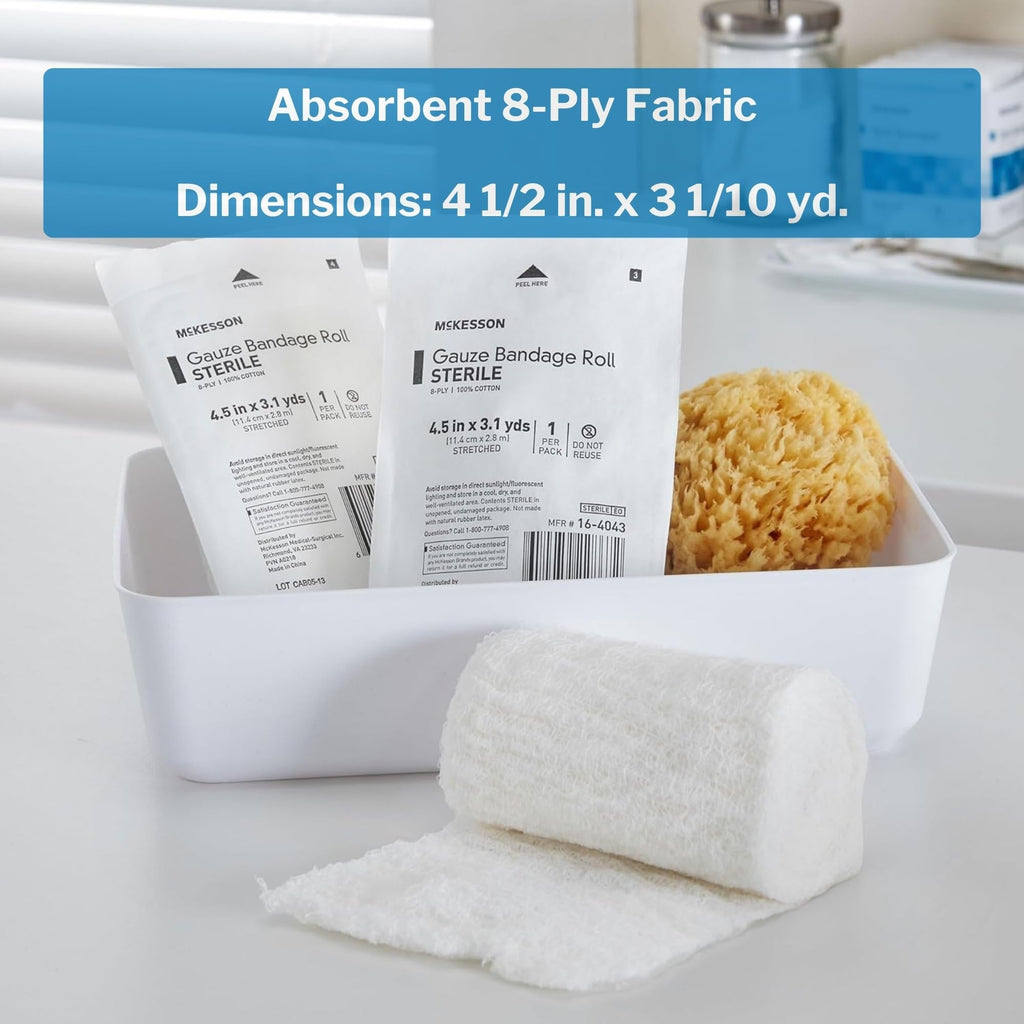 McKesson Gauze Bandage Rolls, Sterile, 8-Ply [100 Pack] - Fluff-Dried Cotton Bandaging Roll, 4.5 inches x 3.1 Yards