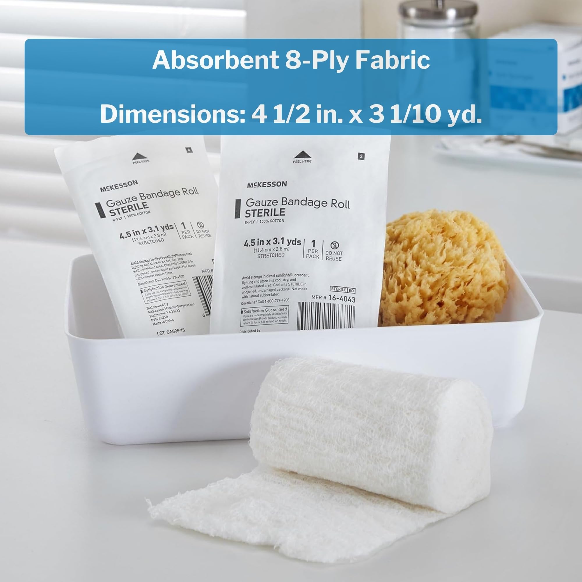 McKesson Gauze Bandage Rolls, Sterile, 8-Ply [100 Pack] - Fluff-Dried Cotton Bandaging Roll, 4.5 inches x 3.1 Yards